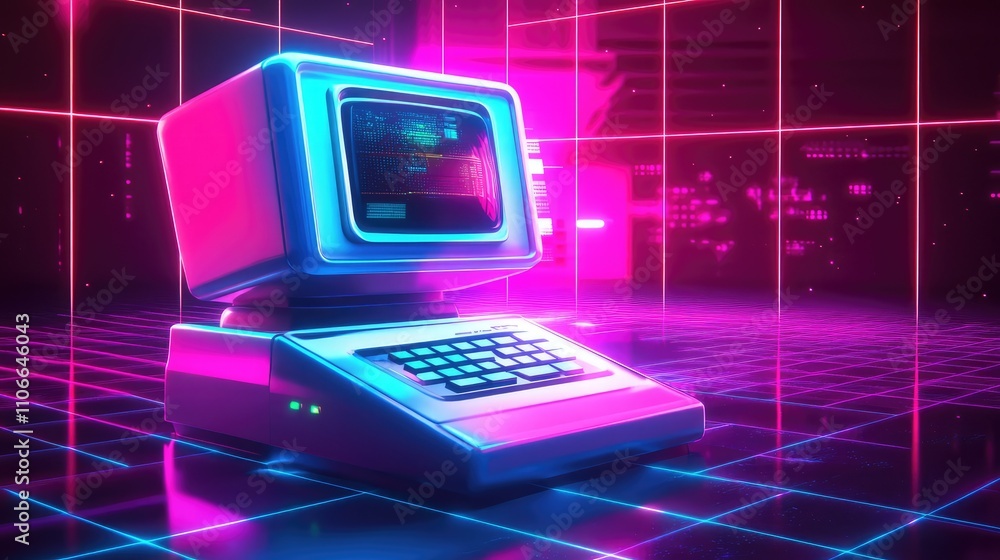 Poster retro futuristic computer in neon glow with vibrant grid background