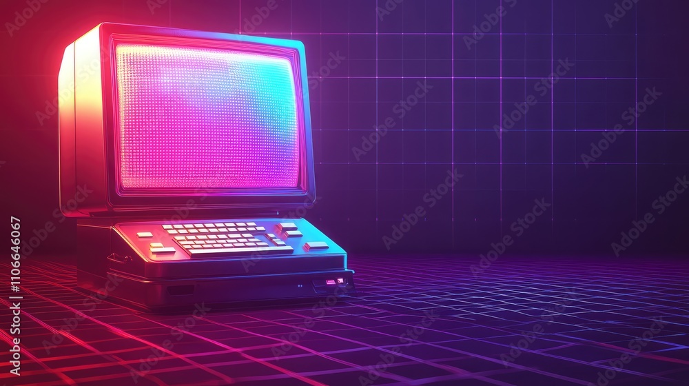 Poster retro computer with neon glow on grid background in dark setting
