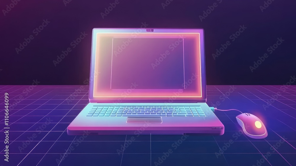 Poster futuristic laptop with neon glow and computer mouse on grid