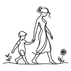 One continuous single drawing black line art doodle of a mother and child walking hand in hand, illustration on white background