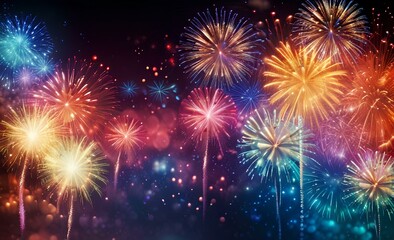 Obraz premium Fireworks colorful explosions on blue, festive background with copy space