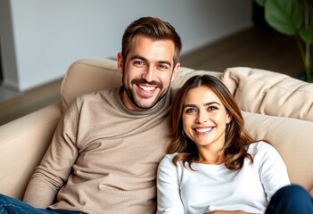 Smiling couple relaxing together on the couch, enjoying a quiet moment at home