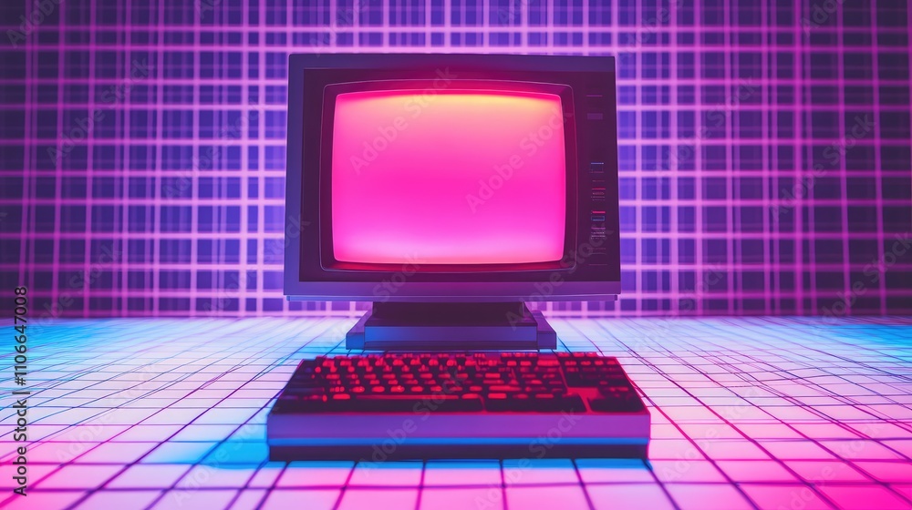Poster retro computer with neon glow on grid background in 80s style