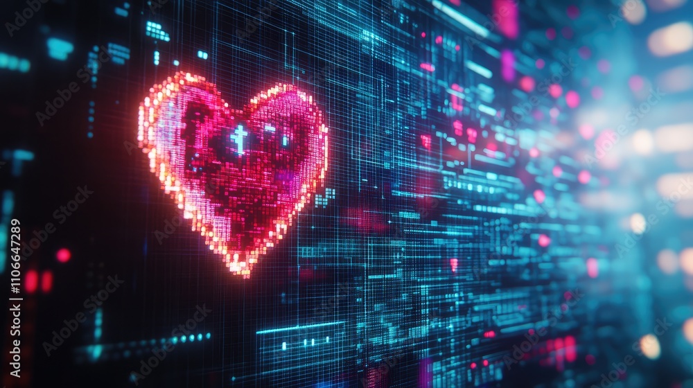 Poster digital heart animation with colorful glowing pixels and textures