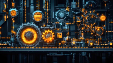 Fototapeta premium Futuristic Industrial Background with Glowing Gears and Machinery