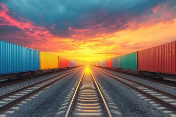Fototapeta premium freight train loaded with colorful cargo containers, moving steadily along the tracks, illustrating the dynamic and industrious nature of transportation and logistics