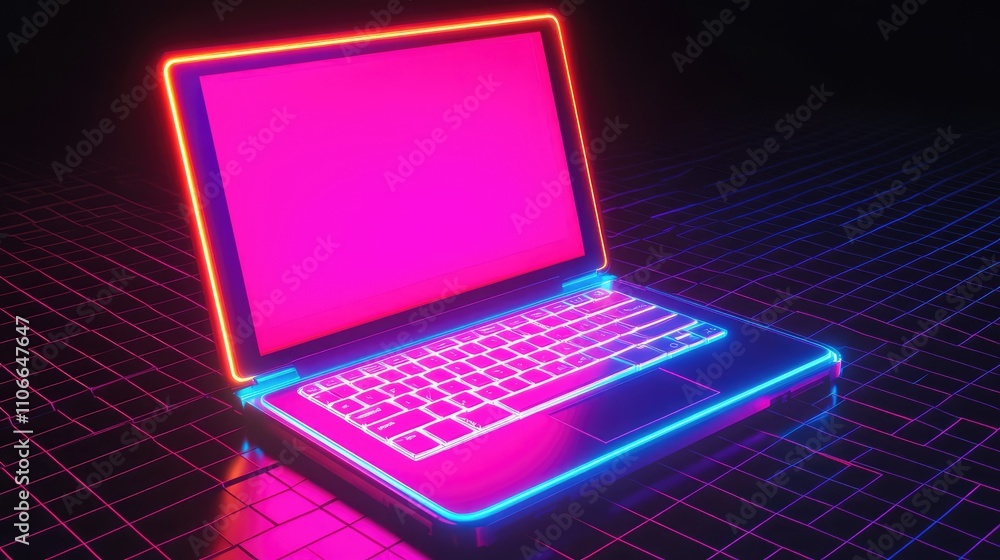 Poster neon laptop with empty screen on futuristic grid background