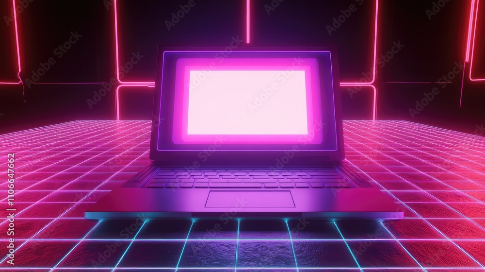 Poster neon laptop in futuristic setting with glowing grid background