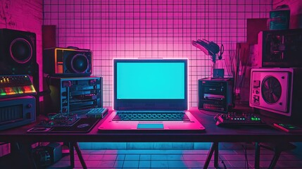 Modern Workspace with Neon Lights and Minimalist Design Elements