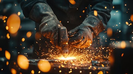 Sparks Fly as Welder Works with Metal in Dimly Lit Workshop