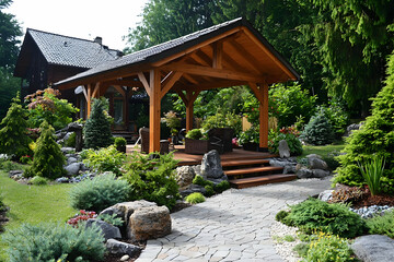 Fototapeta premium Refined outdoor pergola with modern elements, creating a serene retreat.