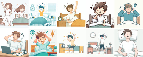 Vector set of a teenager waking up with a simple flat design style