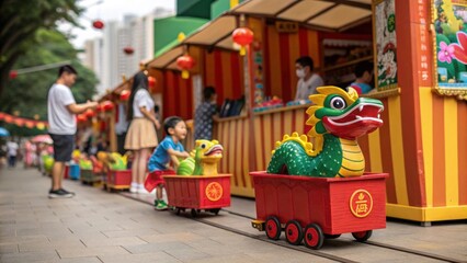 Toy Dragon Parade A vendor specializes in small toy dragons some on wheels ready to be pulled along. Children eagerly take turns pulling their colorful dragons around the stall