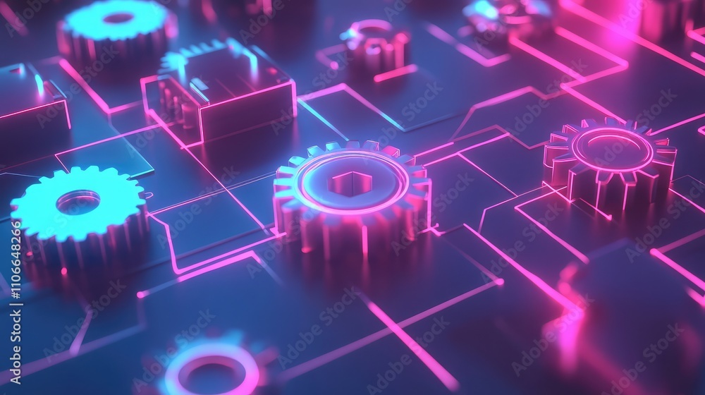 Poster futuristic technology background with neon gears and circuitry design