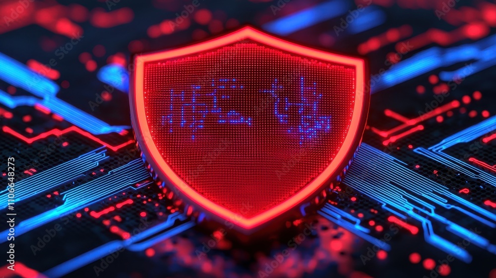 Aufkleber red shield symbol on abstract circuit background with blue lines