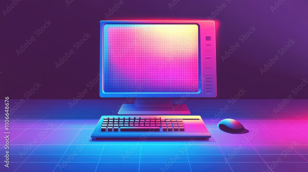 Poster retro modern computer setup with vibrant neon colors and glow