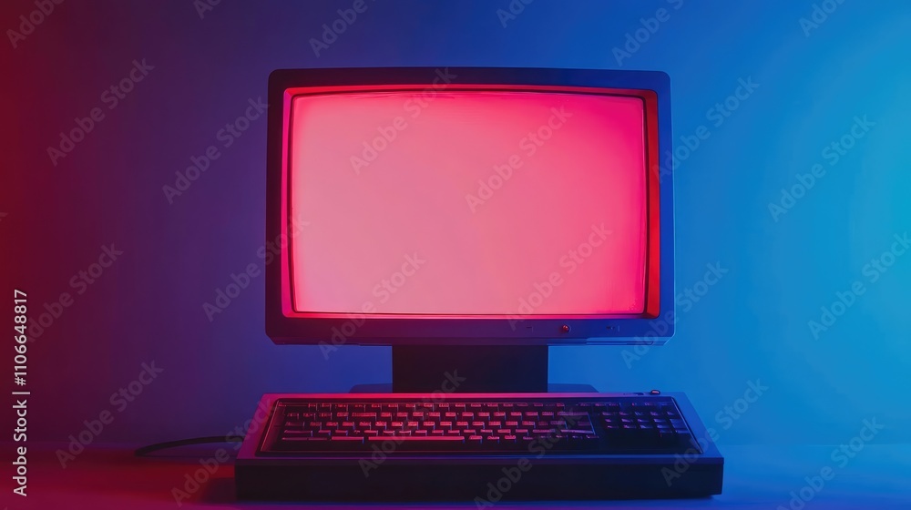 Poster retro computer with blank screen in neon red and blue lighting