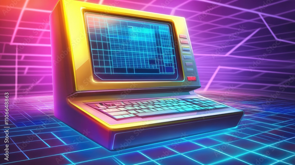 Aufkleber retro computer with neon aesthetic in futuristic grid background