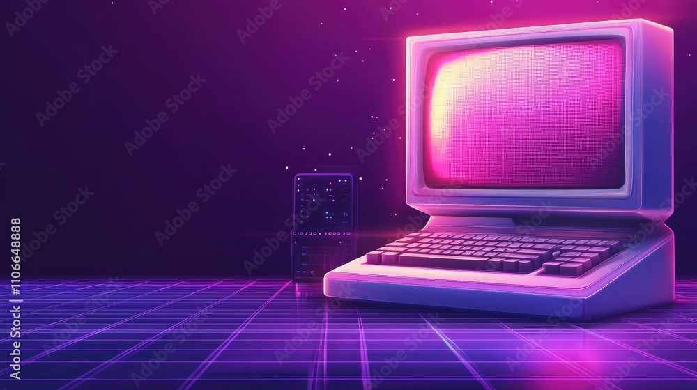 Poster retro computer in neon space with grid background in vibrant colors