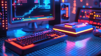 Obraz premium Futuristic Gaming Setup with Neon Lights and High-Tech Devices