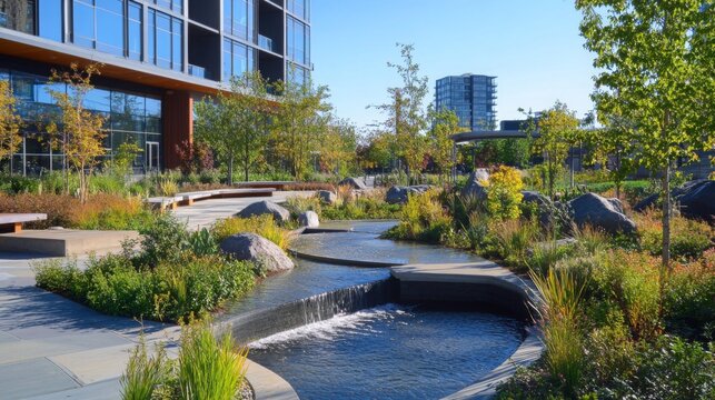 A beautifully landscaped area showcases a flowing water feature surrounded by greenery and modern buildings. The environment highlights the integration of nature in contemporary urban settings.