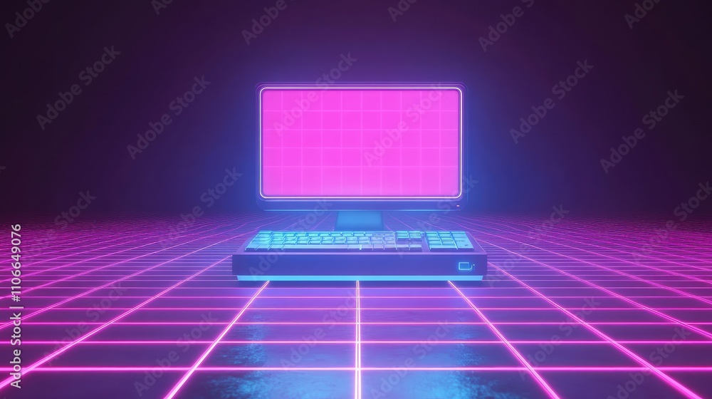 Poster retro futuristic computer in neon grid background
