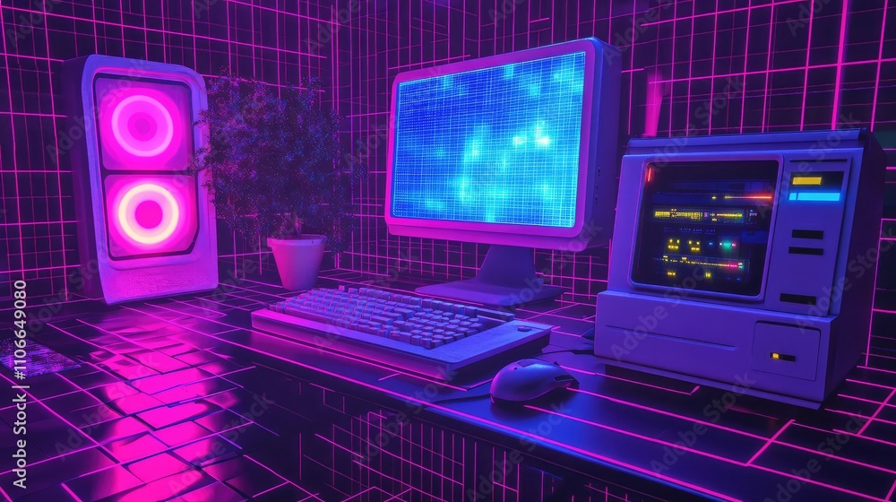 Poster futuristic neon computer setup with retro vibes and vibrant colors