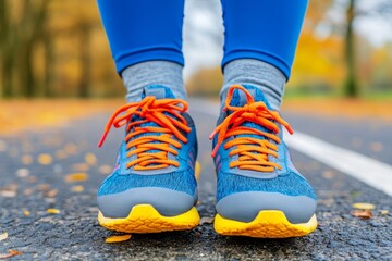 A vibrant sports gear banner showcasing realistic running shoes on an open track with motivational text