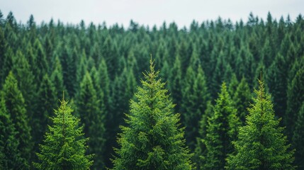 Lush Green Coniferous Forest Landscape with Tall Evergreen Trees