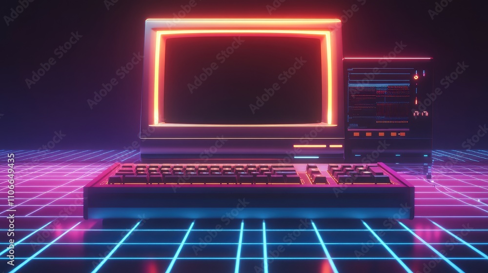Poster retro neon computer setup with glowing monitor and keyboard