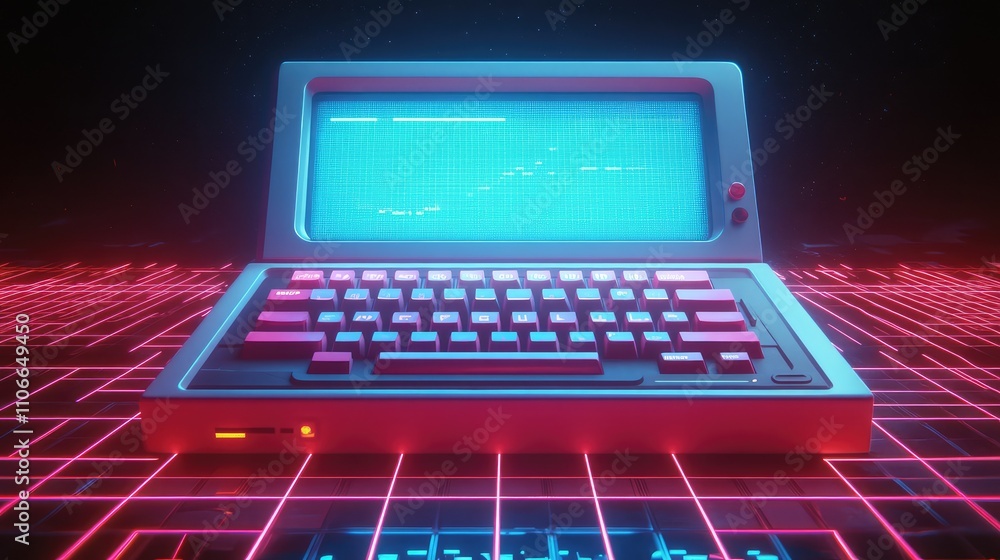 Poster retro computer in neon design with glowing keyboard and screen