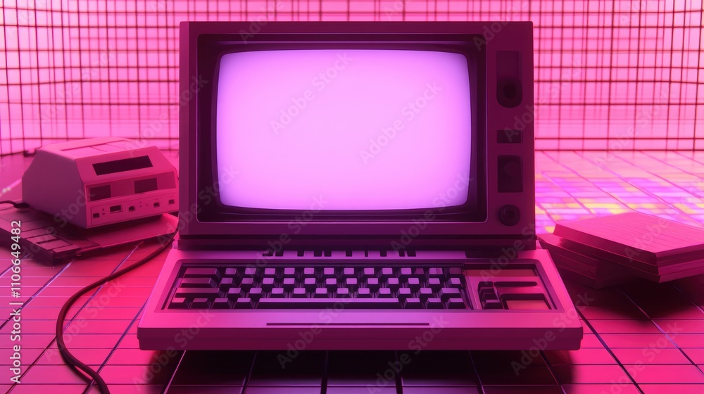 Poster retro computer with purple glow on neon background and grid pattern