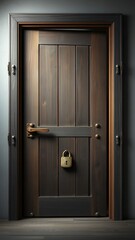 Obraz premium Wooden door with worn-out hinges and rusty lock, weathered surfaces, historical buildings, antique doors, aged wood