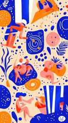 Vibrant illustration depicting leisure activities and abstract shapes in a playful style.