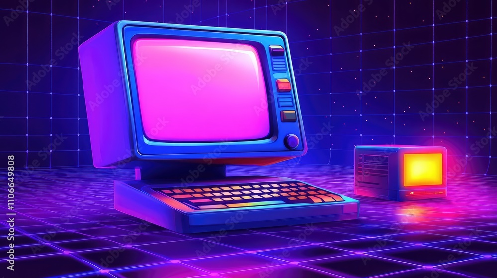 Poster retro computer in neon colors on a futuristic background