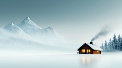 Fototapeta premium A peaceful snowy landscape, with a small cabin and smoke rising from its chimney, surrounded by tall pine trees covered in snow under a clear blue sky. Ultra-Realistic, Photo Realistic, highly 