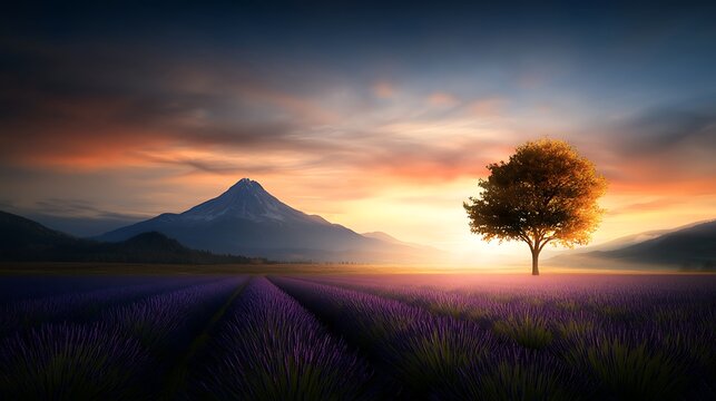 A peaceful field of lavender flowers under a bright blue sky, with the soft scent of flowers almost palpable in the fresh air, Ultra-Realistic, Photo Realistic, highly detailed, 