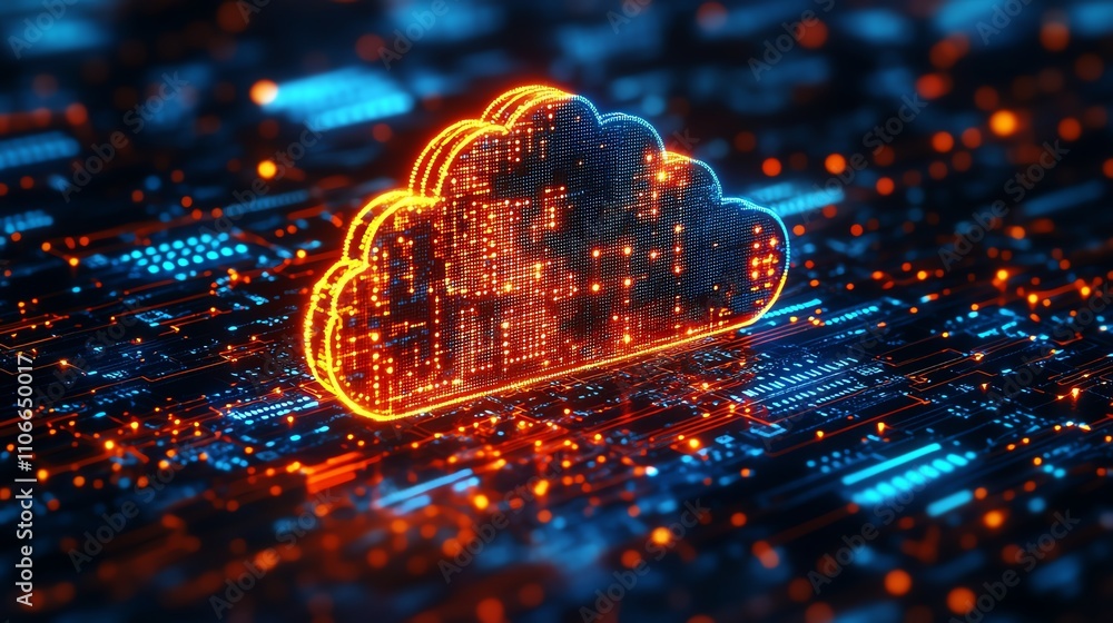 Poster futuristic cloud computing concept with glowing data and digital connections.