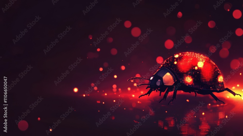 Poster Glowing Ladybug on Dark Background with Sparkling Particle Effects