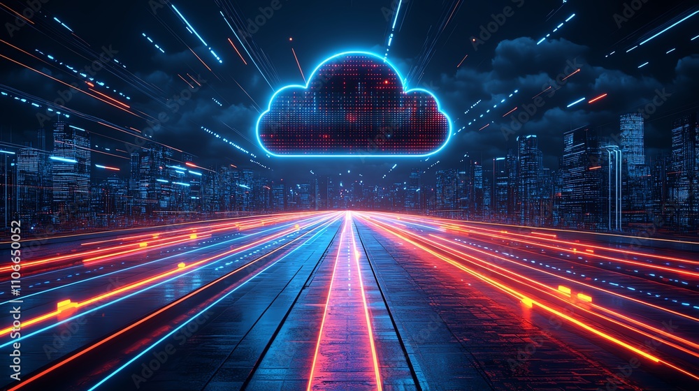 Poster futuristic data transfer concept with a neon cloud and dynamic light trails.