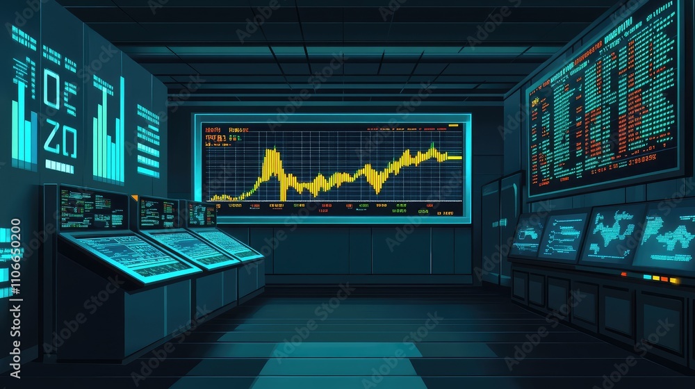 Poster modern data analysis room with digital graphs and financial displays