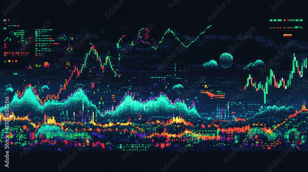 Poster digital data visualization in neon colors with abstract patterns