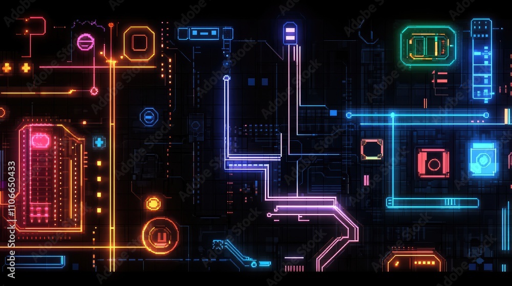 Poster abstract neon circuit board design with vibrant colorful elements