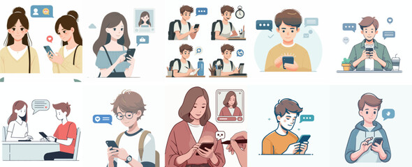 vector set of a teenager replying to a message with a simple flat design style