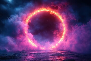 futuristic neon glow featuring a round frame, depicting a quantum portal with defocused fluorescent purple lights, creating an abstract cosmic atmosphere