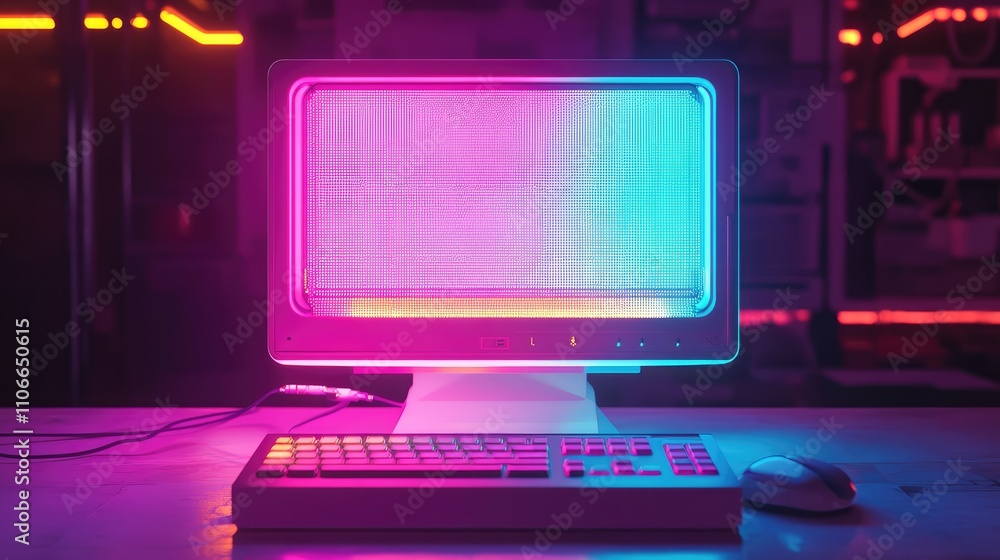 Poster neon glowing computer monitor with colorful background lighting