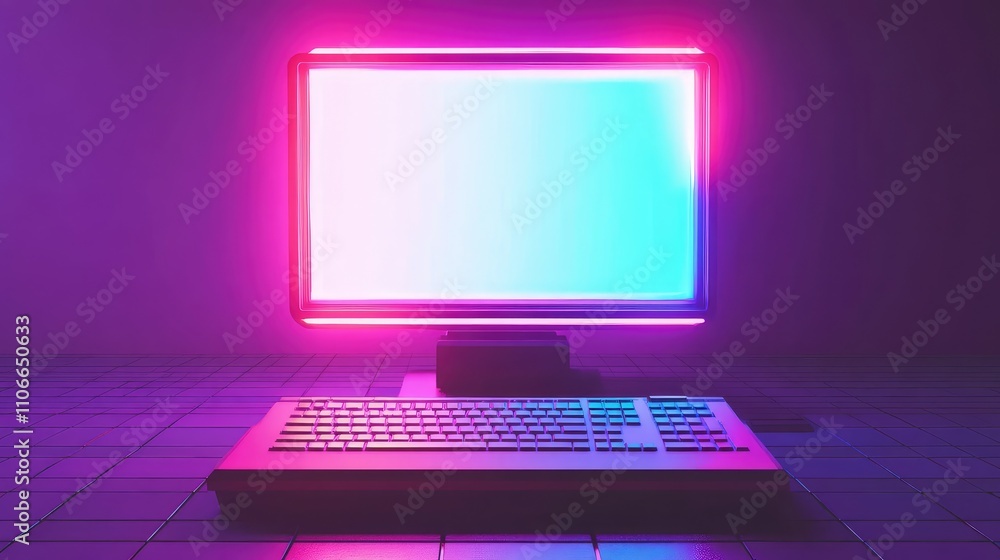 Aufkleber retro futuristic computer setup with colorful neon glow effects