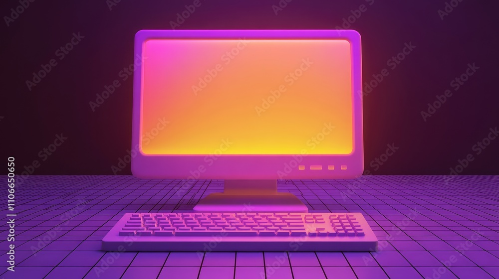 Poster retro computer with vibrant neon screen and keyboard on grid