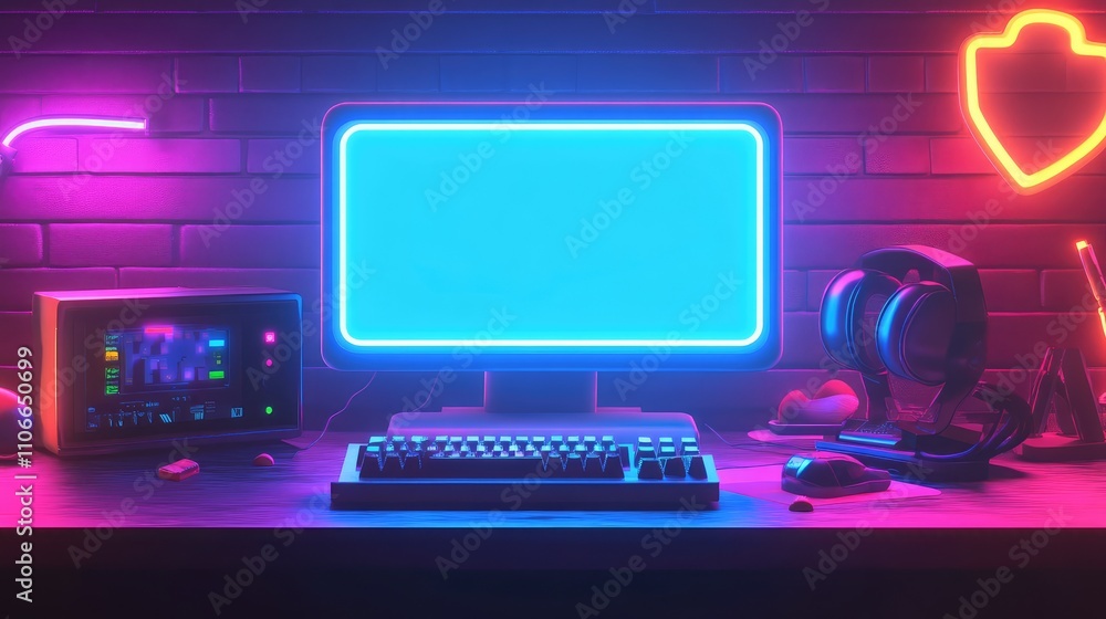 Poster futuristic desktop setup with neon lighting and technology elements