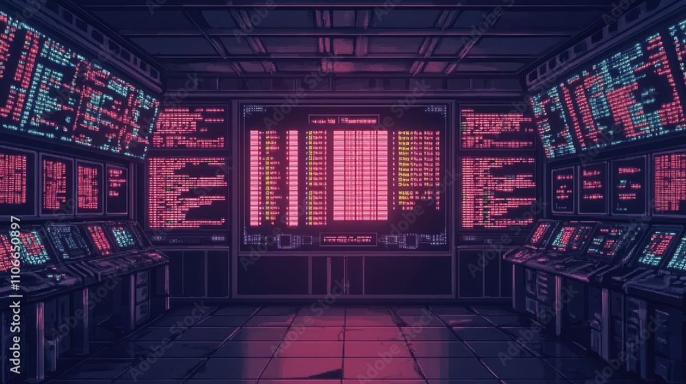 Poster futuristic control room with neon displays and high-tech interfaces